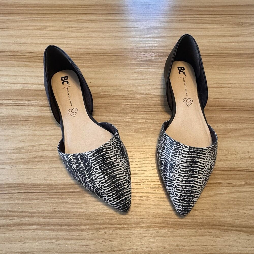 BC Born in California Vegan Flats Shoes 8.5 Black White Snakeskin Point D'orsay